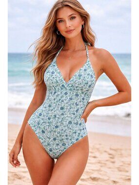Loft Beach Vine Halter One Piece Swimsuit in the color Sunny Aqua Size M Pool